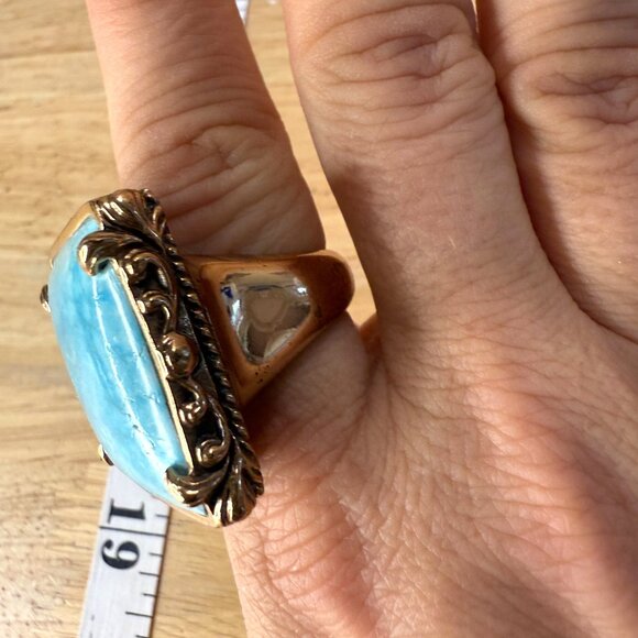 Large Turquoise Blue Square Stone Ring Size 8 With Ornate Gold-Toned Band Vintag - Picture 12 of 12